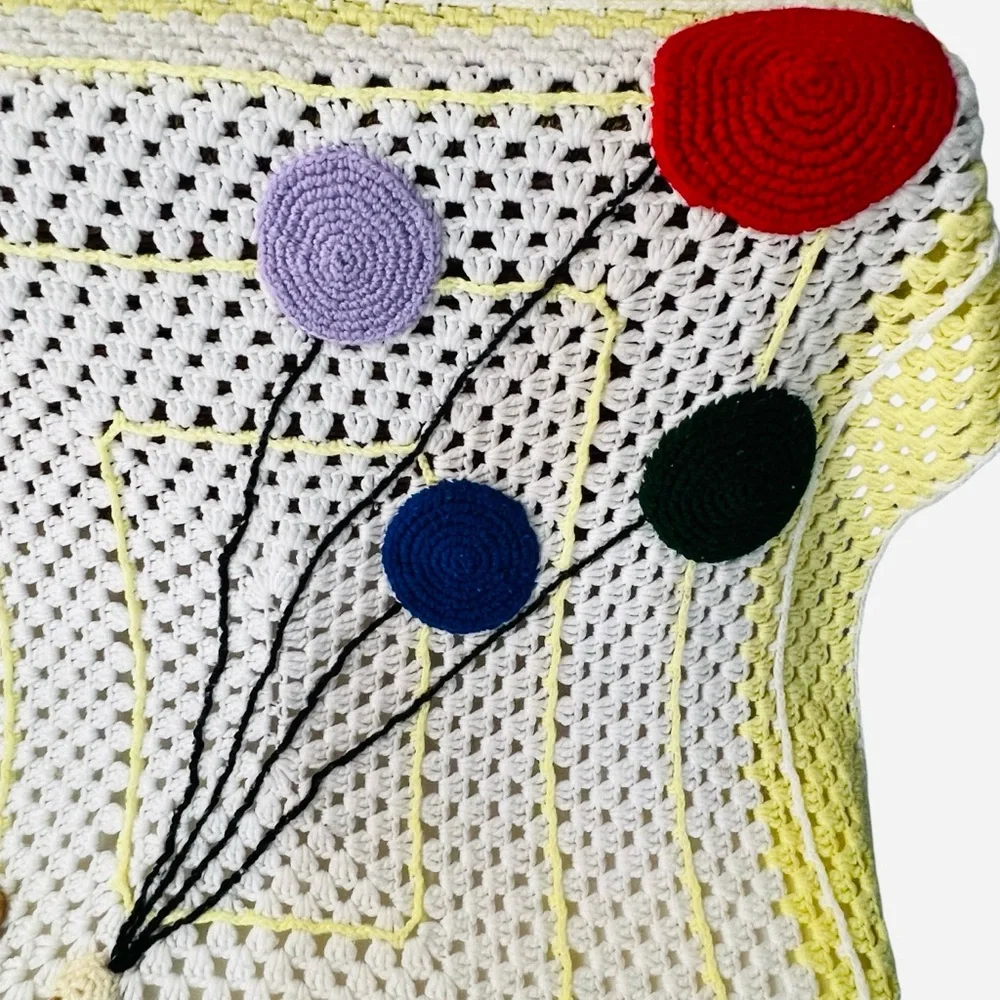 VTG Handmade Crochet Granny Square Teddy Bear and Balloons Baby Blanket Afghan